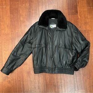 80s Vintage Leather Members Only Black Bomber Jacket, Mouton Fur Collar, Size 44